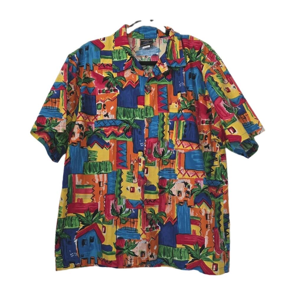 Vintage 90s Hawaiian Camp Shirt Mens M Toucan Dance Geometric Tropical Retro